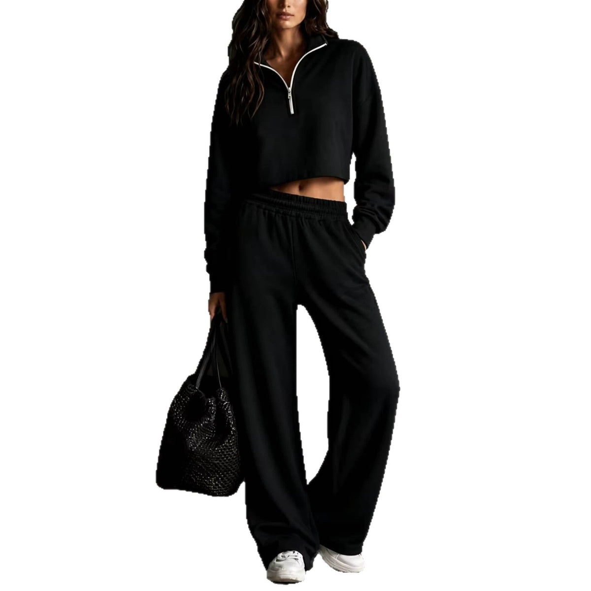 Half?Zip Cropped Sweatshirt & Wide?Leg Sweatpants Two?Piece Set