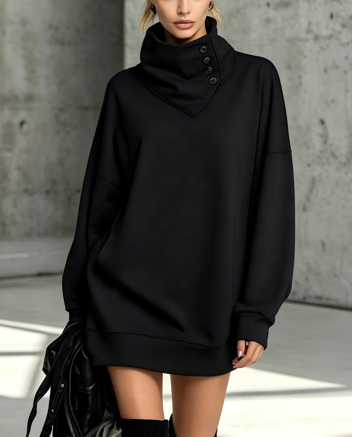 Women's Solid Pink Button-Detail Cowl Neck Long Sweatshirt Tunic Dress