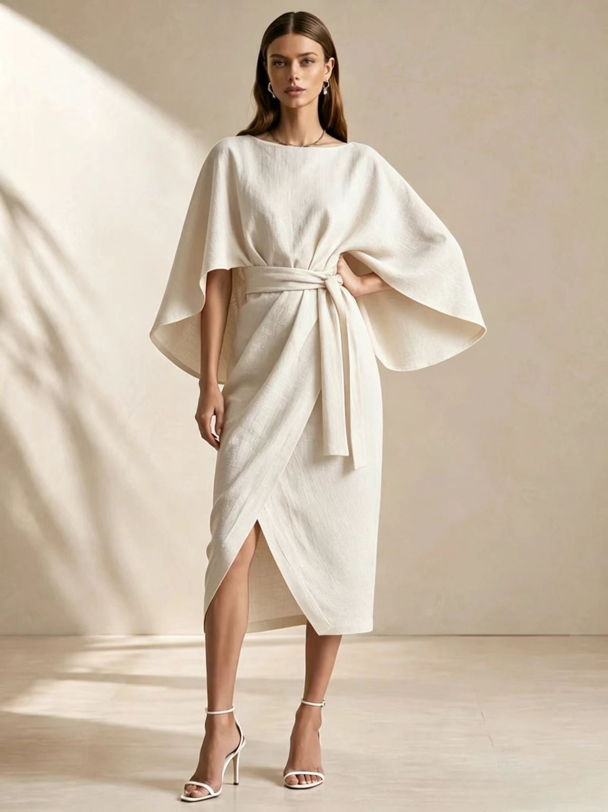 Cape Sleeve Belted Wrap Midi Dress