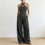 Crisscross Halter Keyhole Cutout High Waist Wide Leg Pantsuit with Pockets