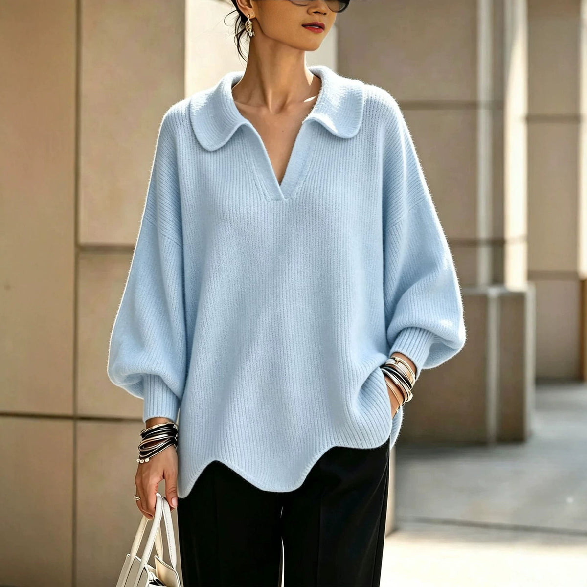 Peter Pan Collar V-Notch Oversized Rib Knit Sweater