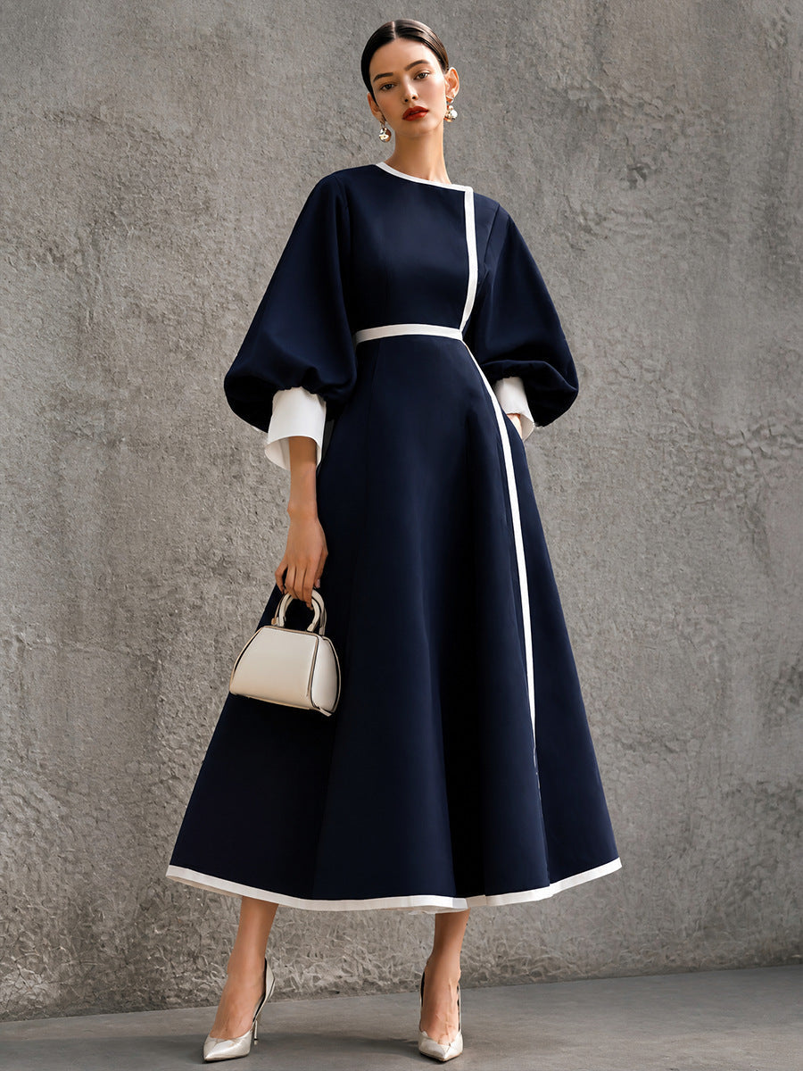 Women¡¯s Solid Navy Contrast?Trim Balloon?Sleeve Belted Maxi Dress