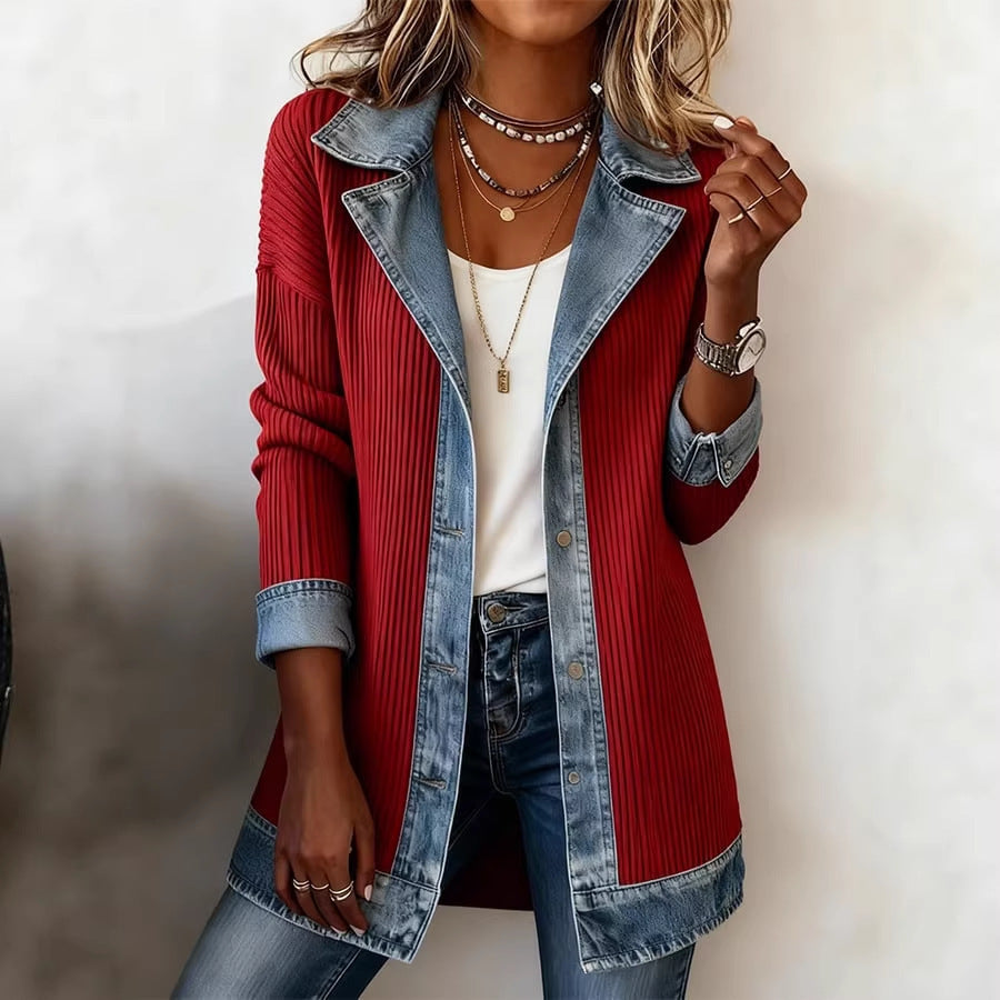 Women's Faux‑Layer Denim Trim Ribbed Open‑Front Cardigan