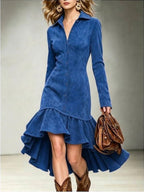 Suede Shirt Dress with Ruffled High-Low Hem