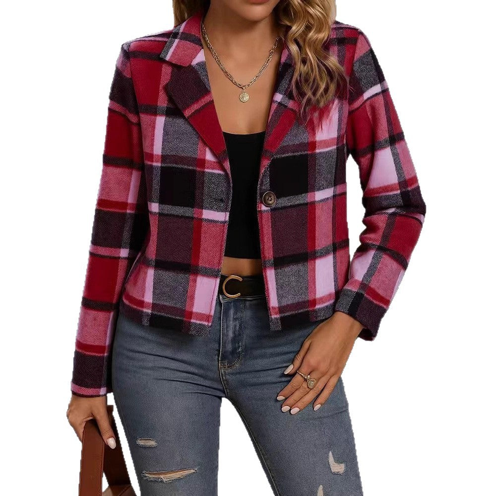 Lapel Plaid Cropped Blazer Jacket, Single Button Long Sleeve Casual Outerwear With Patch Pockets For Fall Daily Outfit