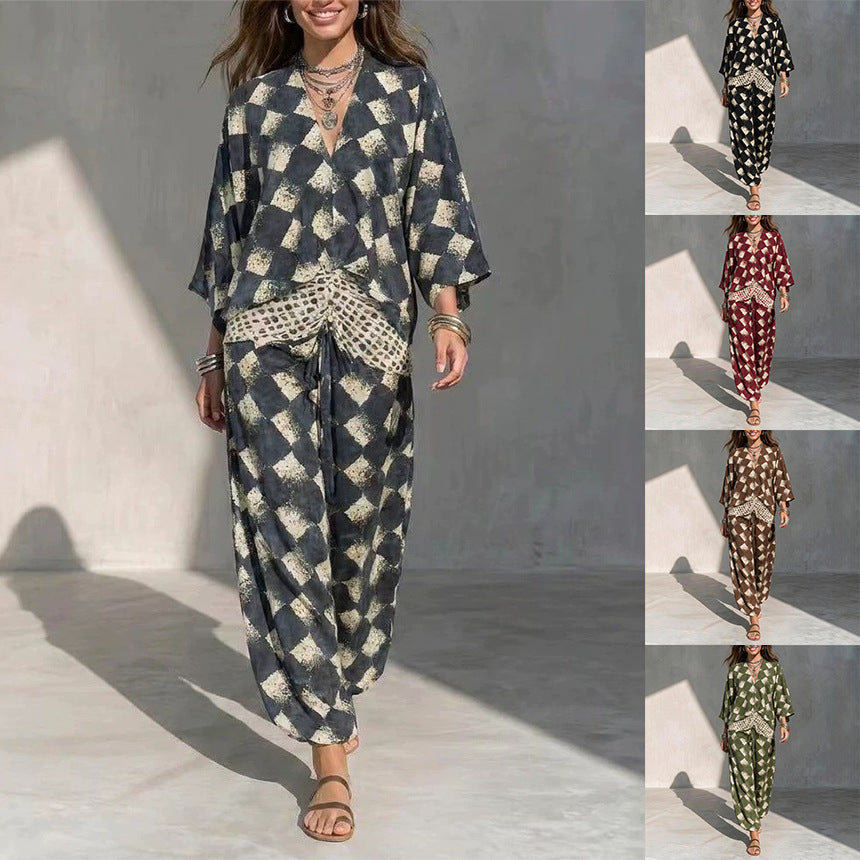 Geometric Print V?Neck Kimono Sleeve Top & Wide?Leg Pants Two?Piece Set