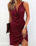 Sleeveless Cowl Neck Ruched Wrap Bodycon Mini Dress