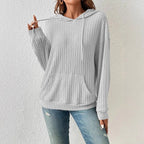 Ribbed Knit Drawstring Hoodie with Kangaroo Pocket