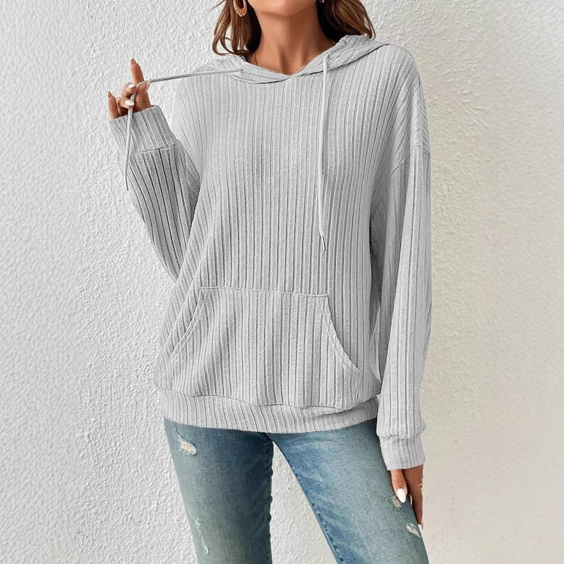 Ribbed Knit Drawstring Hoodie with Kangaroo Pocket