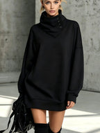 Women's Solid Pink Button-Detail Cowl Neck Long Sweatshirt Tunic Dress