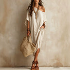 Slanted Shoulder Cotton And Linen Dress Women'S Loose Bat Sleeves Mid-Length Slit Holiday Dress