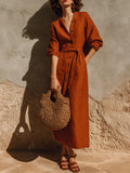 Linen?Blend Belted Button?Front Collared Midi Shirt Dress