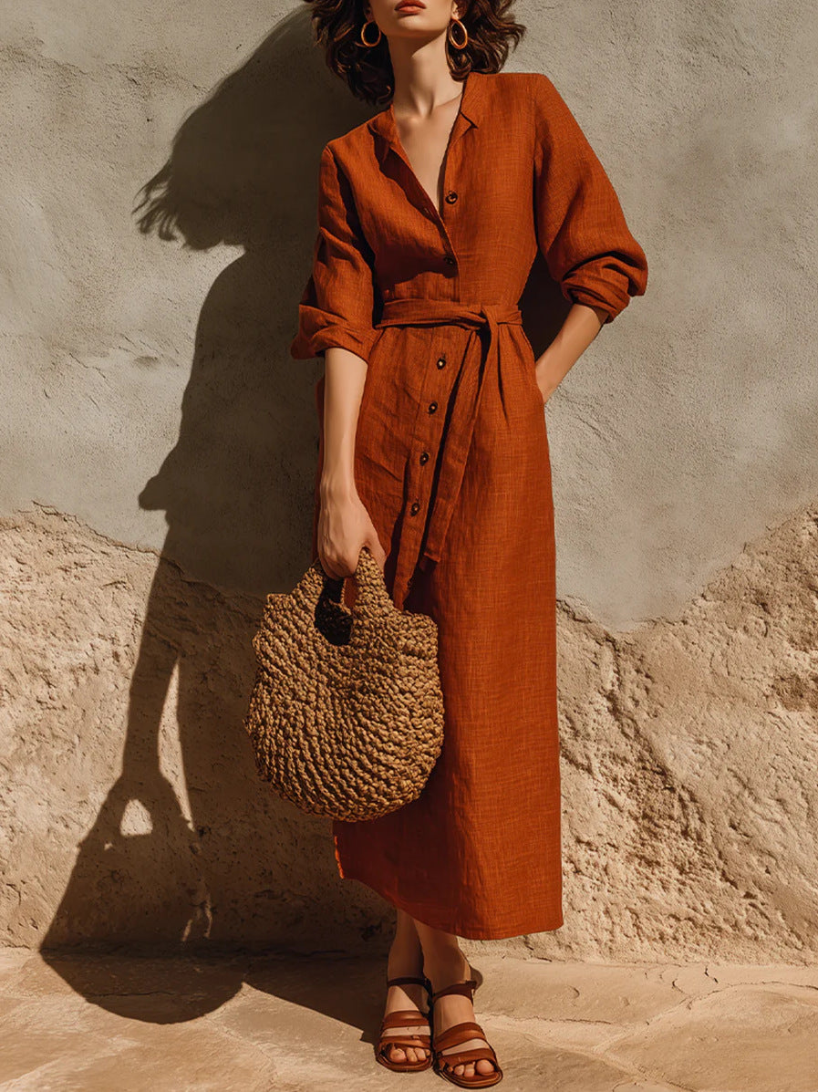 Linen?Blend Belted Button?Front Collared Midi Shirt Dress
