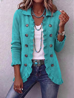 Women's Turquoise Ruffled Knit Cardigan Long Sleeve Button-Down Casual Jacket