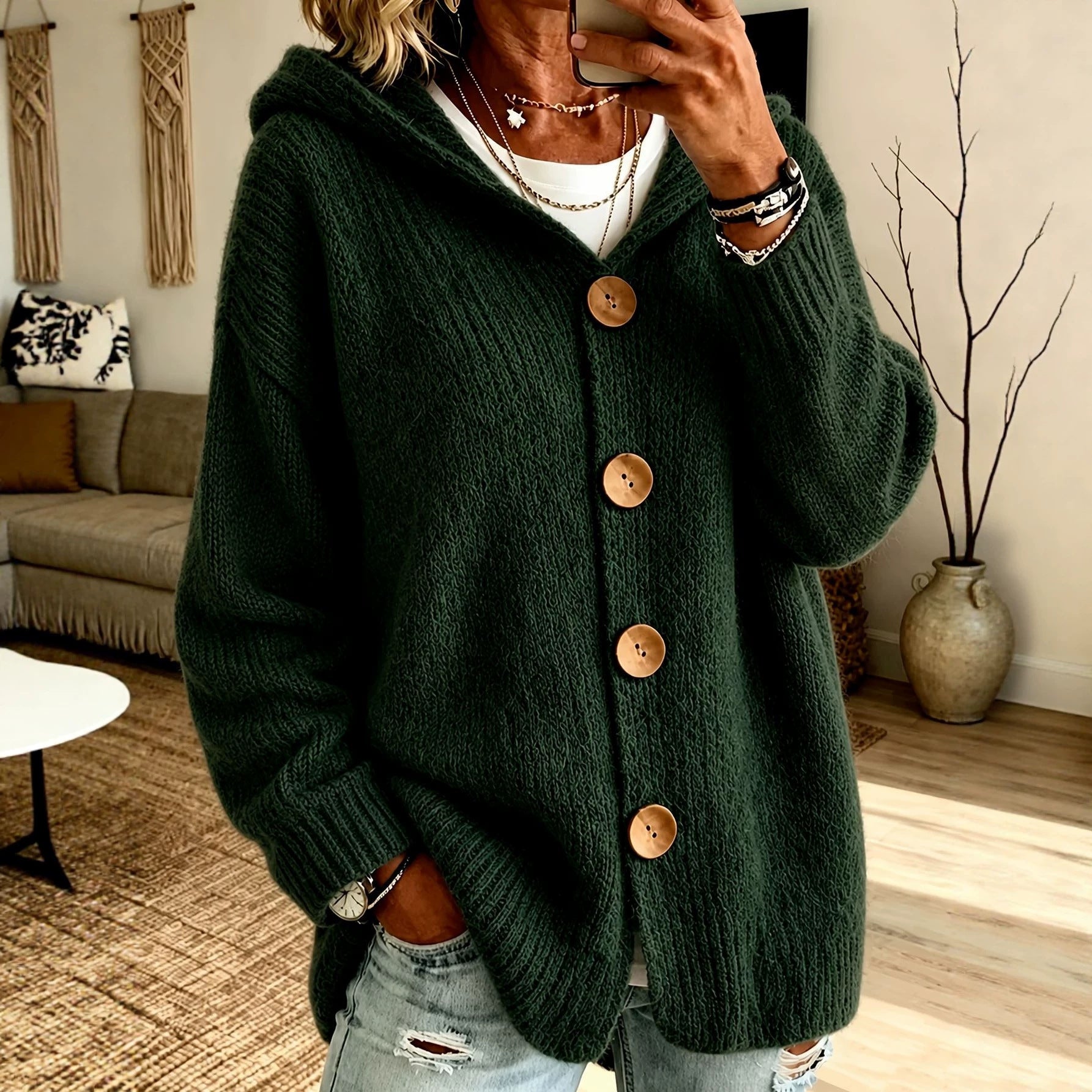 Oversized Hooded Button‑Front Long Sleeve Loose Fit Knit Cardigan With Pockets