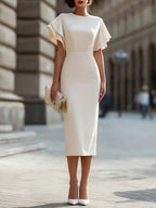 Round Neck Double?Layer Ruffle Flutter Sleeve Bodycon Midi Dress