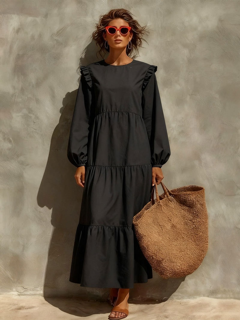 Women's Solid Emerald Green Ruffle Shoulder Tiered Long?Sleeve Maxi Dress