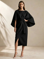 Cape Sleeve Belted Wrap Midi Dress