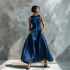 Contrast Stitching Sleeveless Linen Maxi Dress