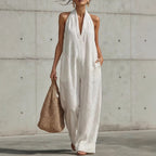 Linen Halter Deep V Wide Leg Cuffed Jumpsuit