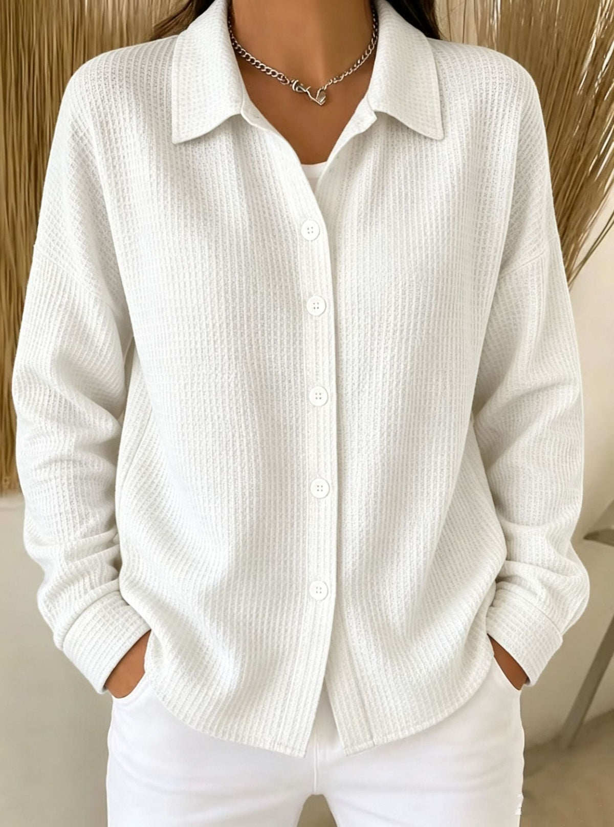 Women¡¯s Light Blue Waffle Knit Lapel Button Down Long Sleeve Shirt - White / S