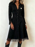 Western Suede?Effect Fringe Button?Front Midi Dress - black / S