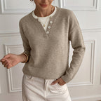 Henley Button Notch Neck Drop‑Shoulder Long Sleeve Knit Sweater