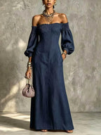Off?The?Shoulder Puff?Sleeve Linen?Blend Maxi Dress