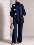 Turtleneck Gold?Button Asymmetric Knit Tunic & Wide-Leg Pants Two-Piece Set