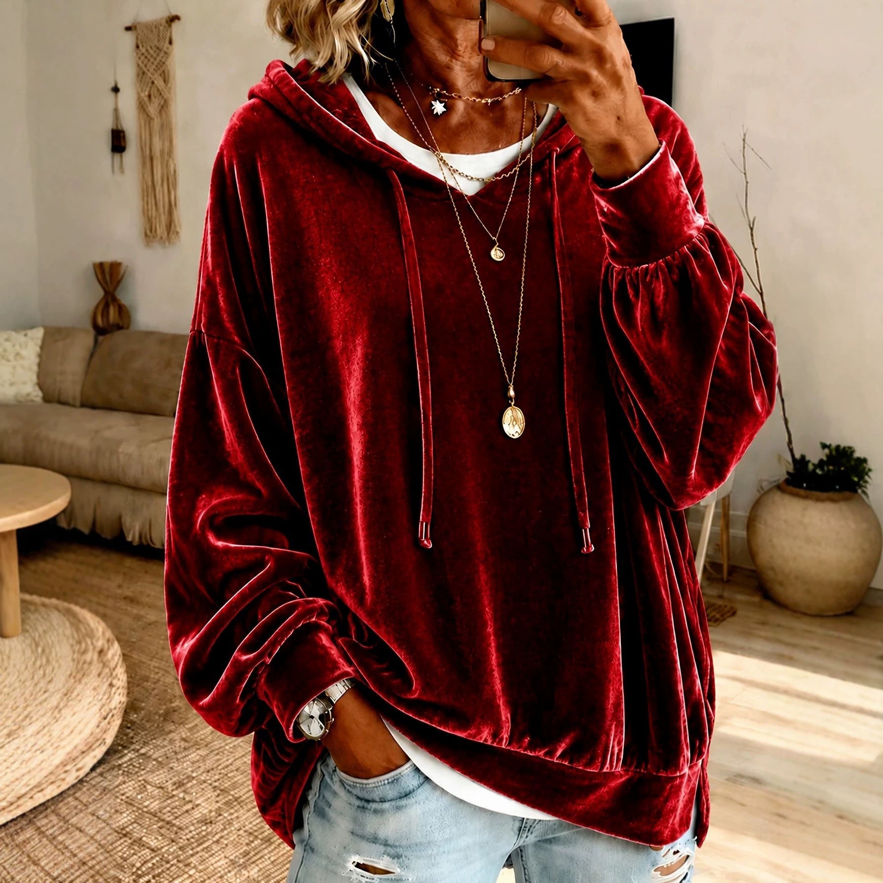 Women‘s Loose Velvet Drawstring Hoodie