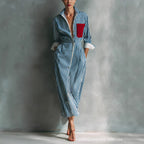 Women's Blue And White Cotton Blend Striped Shirt Dress With Red Chest Pocket