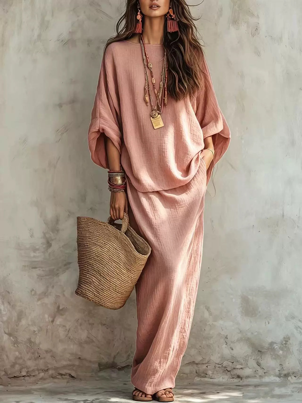 Textured Linen Batwing Top & Wide Leg Maxi Skirt Two-Piece Set