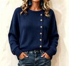 Women's Crew Neck Asymmetrical Button Long Sleeve Knit Sweater