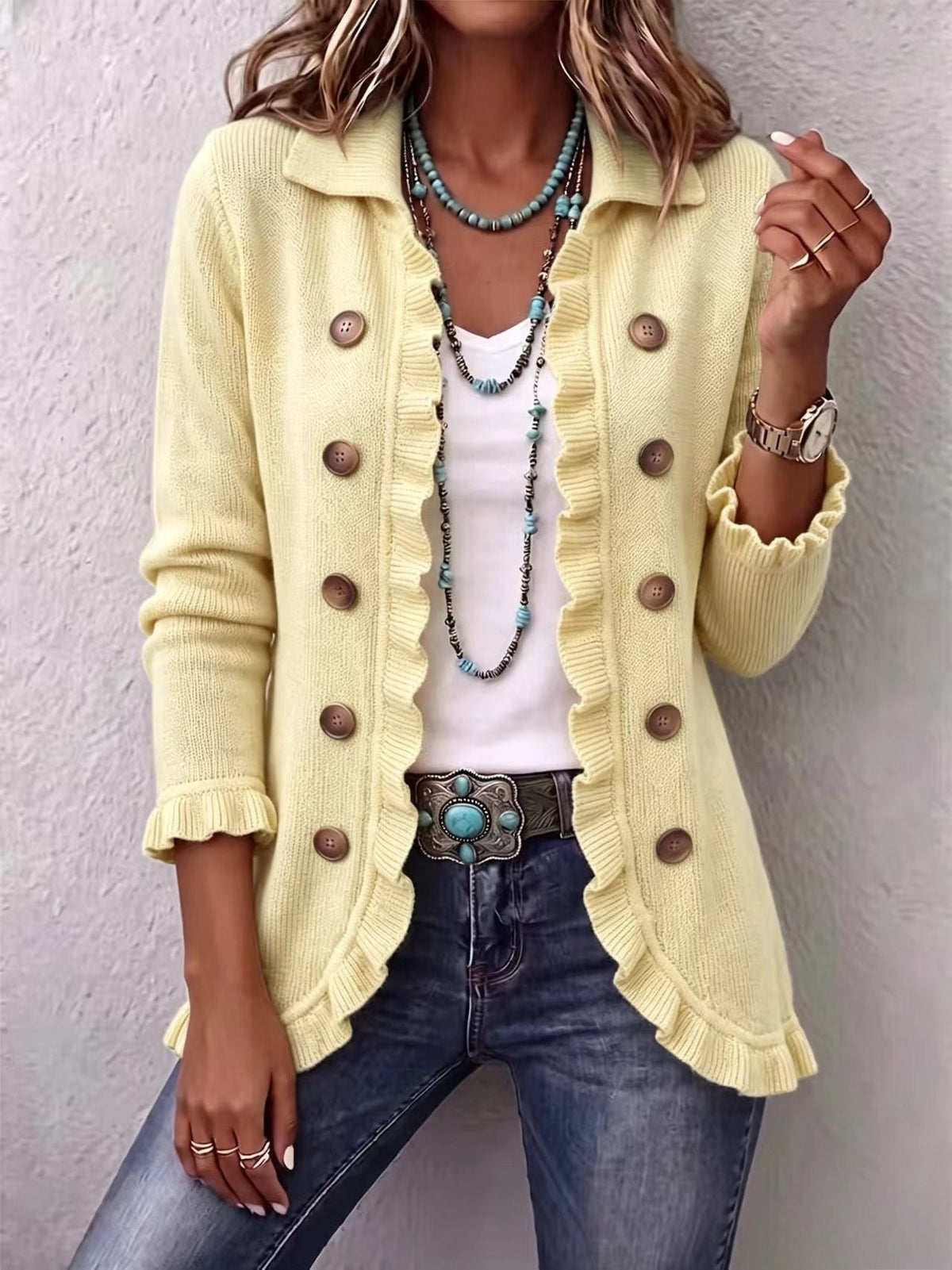 Women's Turquoise Ruffled Knit Cardigan Long Sleeve Button-Down Casual Jacket