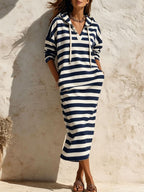 Striped Hooded Drawstring Long Sleeve Midi Dress