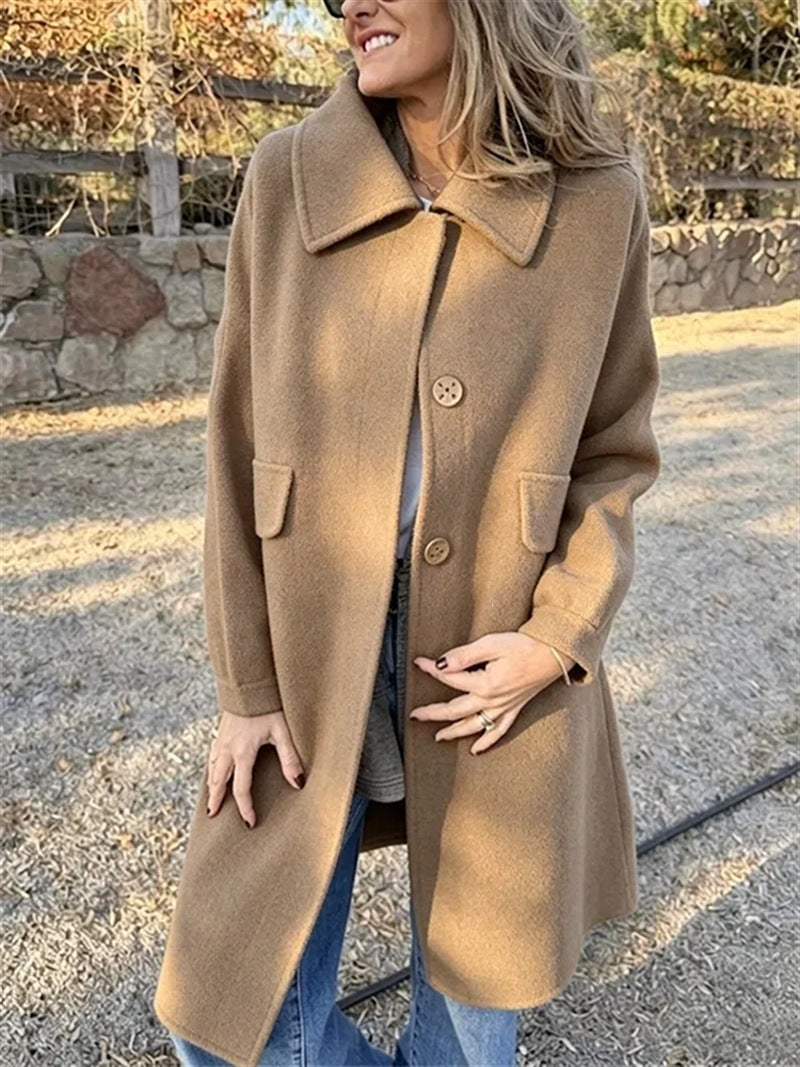 Casual Loose Single Breasted Wool Blend Midi Coat with Pockets