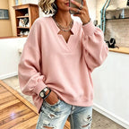 Women Solid Notched Split V-Neck Balloon Long Sleeve Oversized Sweatshirt