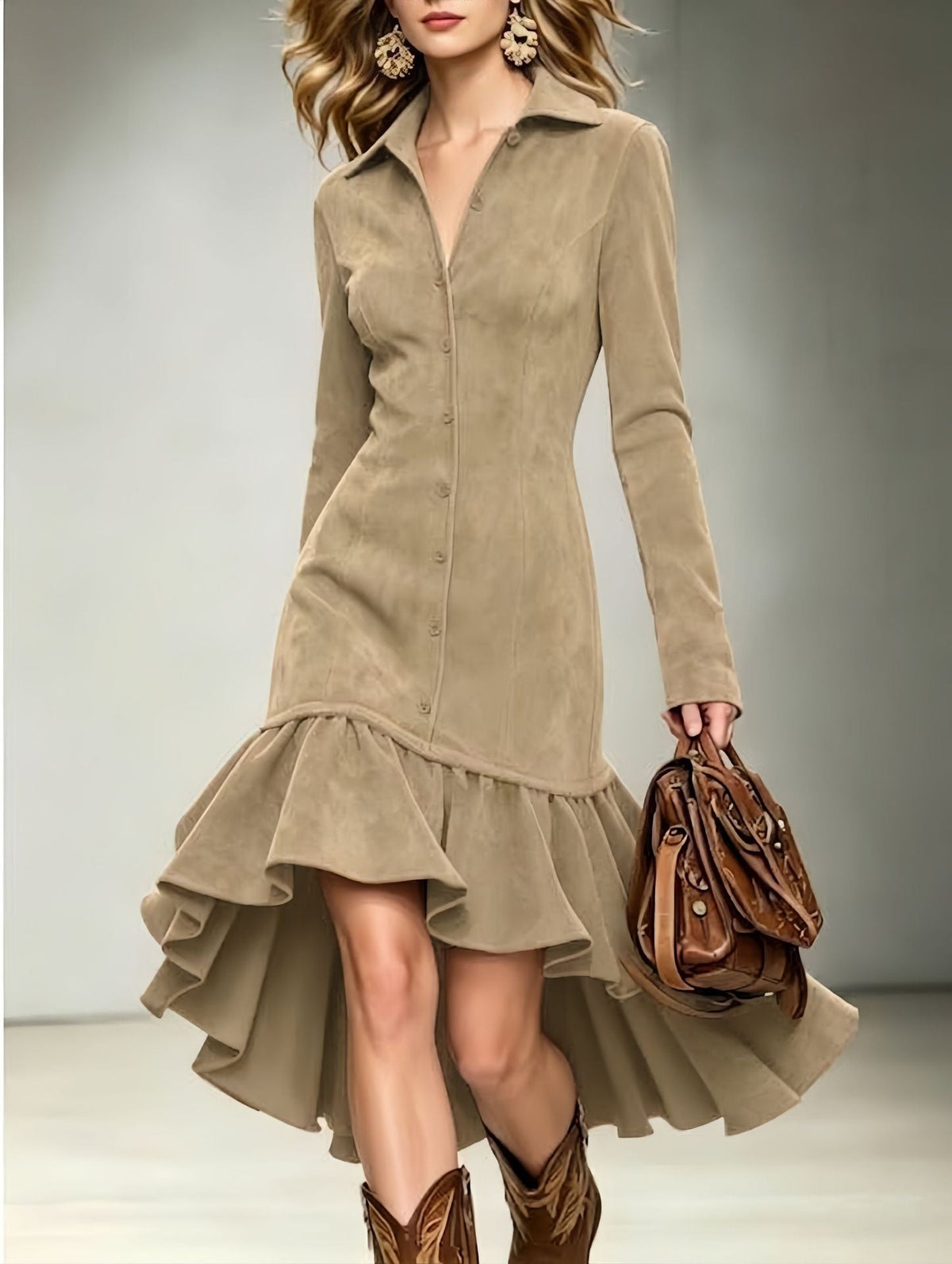 Suede Shirt Dress with Ruffled High-Low Hem