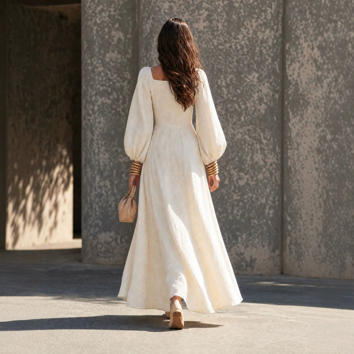 Square Neck Puff Long Sleeve Flowy Maxi Dress