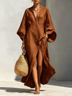 Linen?Blend V?Neck Kaftan Maxi Dress