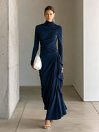 Turtleneck Ruched Side?Ruffle Long?Sleeve Maxi Dress - navy blue / S