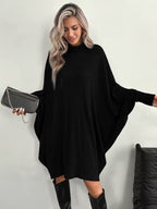 Women's Mock Neck Batwing Long Sleeve Ribbed Knit Mini Dress