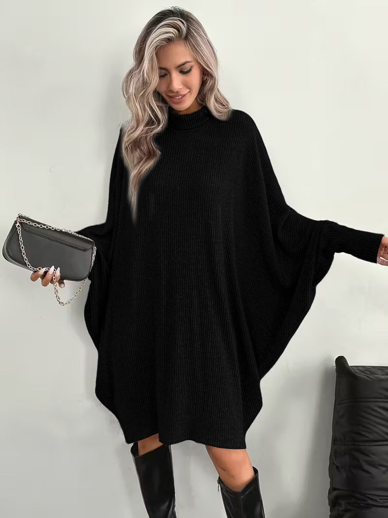 Women's Mock Neck Batwing Long Sleeve Ribbed Knit Mini Dress