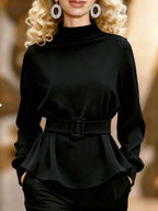 Mock Neck Peplum Top with Belt – Elegant Long Sleeve Blouse