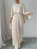 Cape Overlay Pleated Maxi Dress