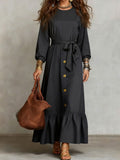 Button?Front Tie?Waist Tiered Ruffle Maxi Dress