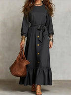 Button?Front Tie?Waist Tiered Ruffle Maxi Dress
