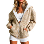 Leopard Print Zip Up Hooded Fleece Jacket for Women