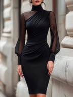 Elegant High-End Satin Mesh Splicing High-Neck Waist-Hugging Evening Dress