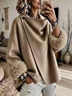 Wrap Cape Coat with Faux Fur Cuffs
